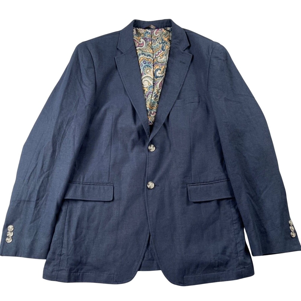 Alan Flusser Sport Coat Mens Large Navy Blue Linen‎ Blend Paisley Lined